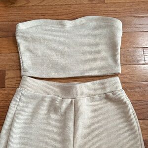 Beige Ribbed Strapless Top and Short Set